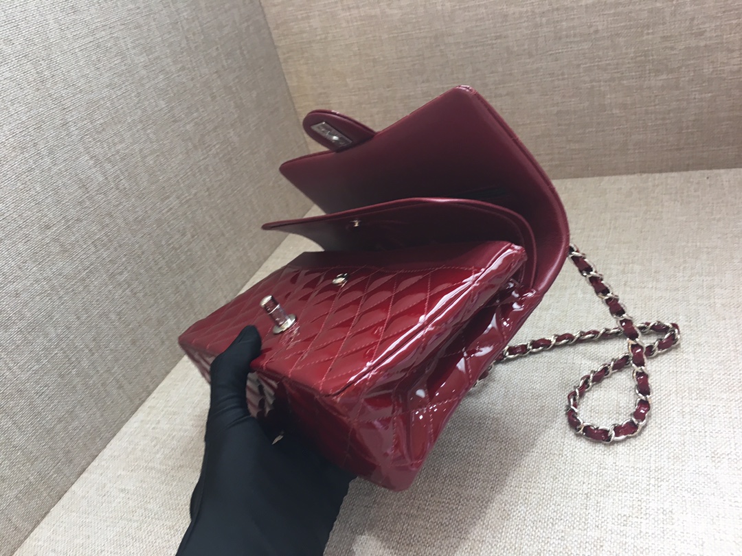 Medium Classic Flap Patent Leather Bag AO1112 Dark Red/Silver